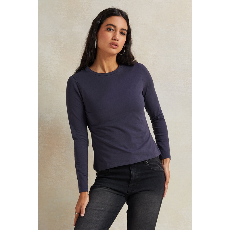 Women Navy Long Sleeve Basic T-Shirt