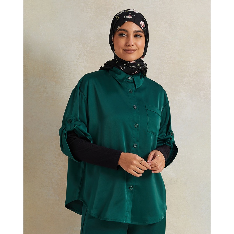Women Olive Collared Shirt Blouse