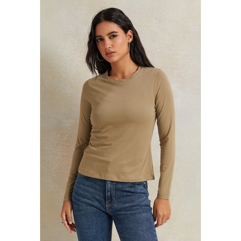 Women Olive Long Sleeve Basic T-Shirt