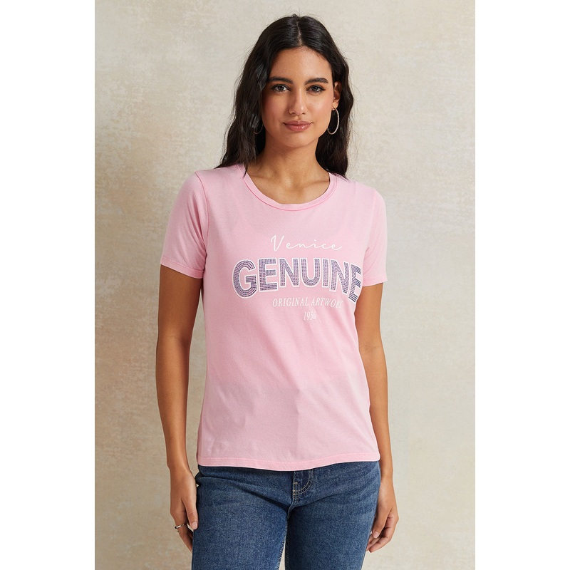 Women Pink Rhinestone Embellished T-Shirt