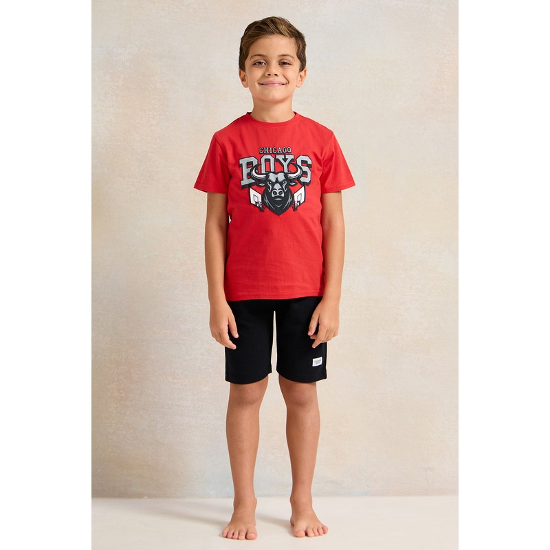 Boys Red And Black Printed Casual Set (2 Piece)