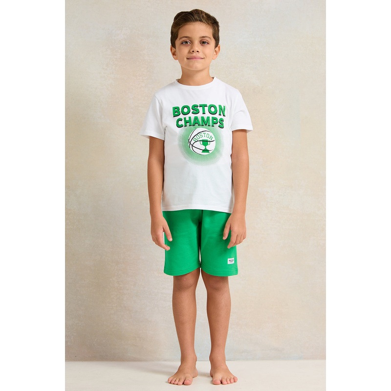 Boys White And Green Printed Casual Set (2 Piece)