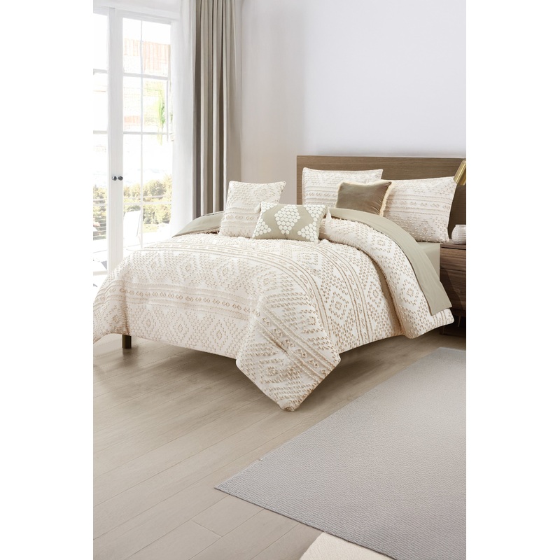 Ivory 7- Piece Stripe Jacquard Comforter Set (King Size)