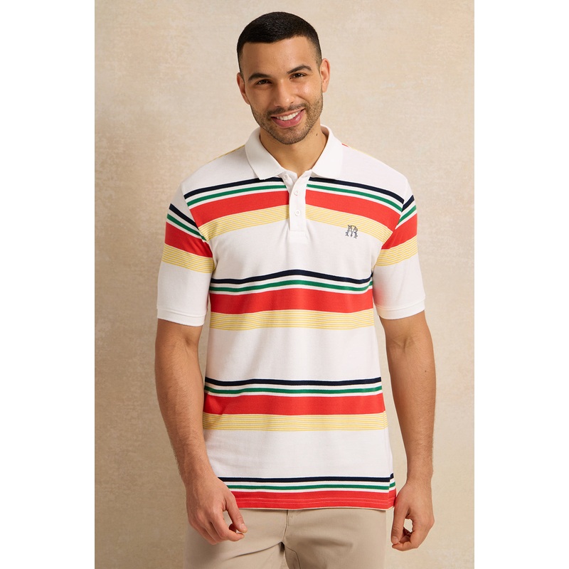 Men Beige Feeder Stripe Pique Polo Shirt