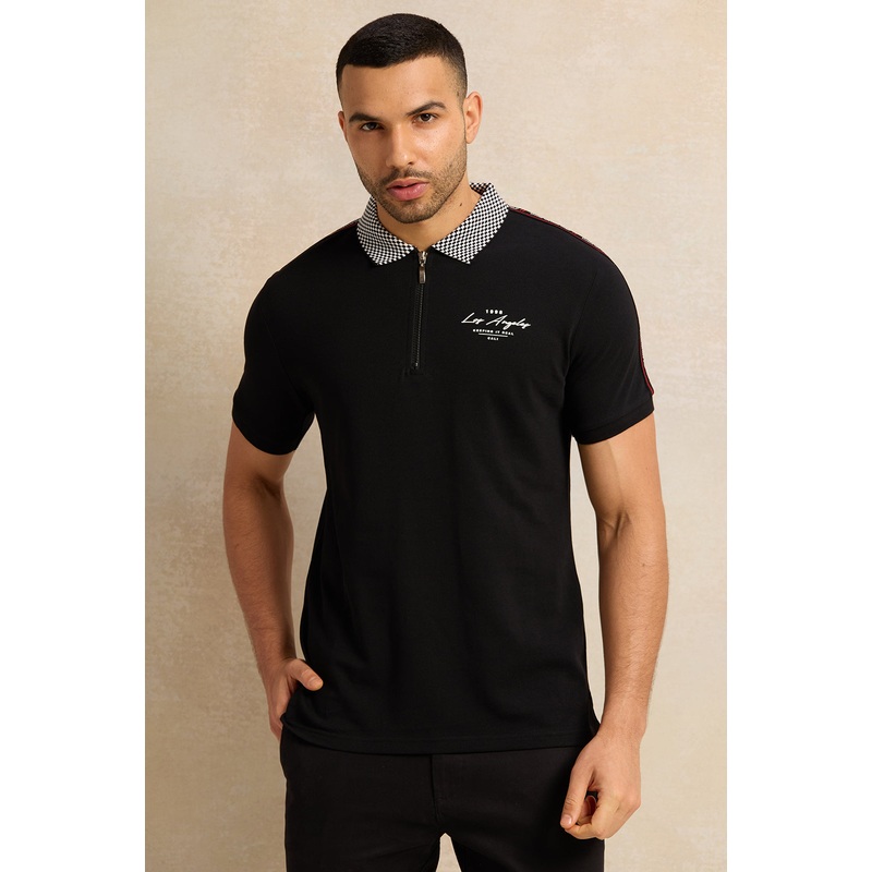 Men Black Embellished Polo Shirt