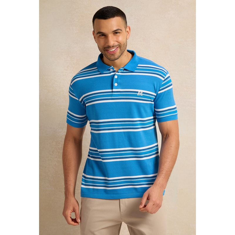 Men Blue Feeder Striped Pique Polo Shirt