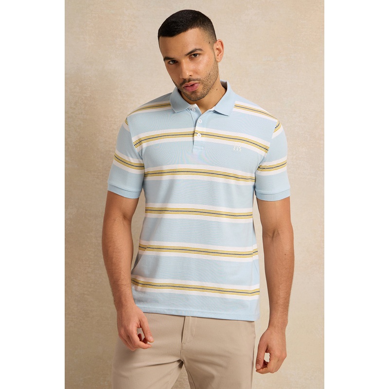 Men Blue Stripe Pique Polo Shirt
