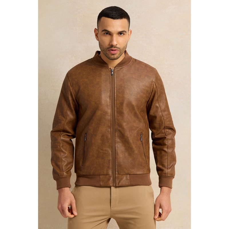 Men Brown PU Bomber Jacket|Small|Medium|Large|X-Large|XX-Large