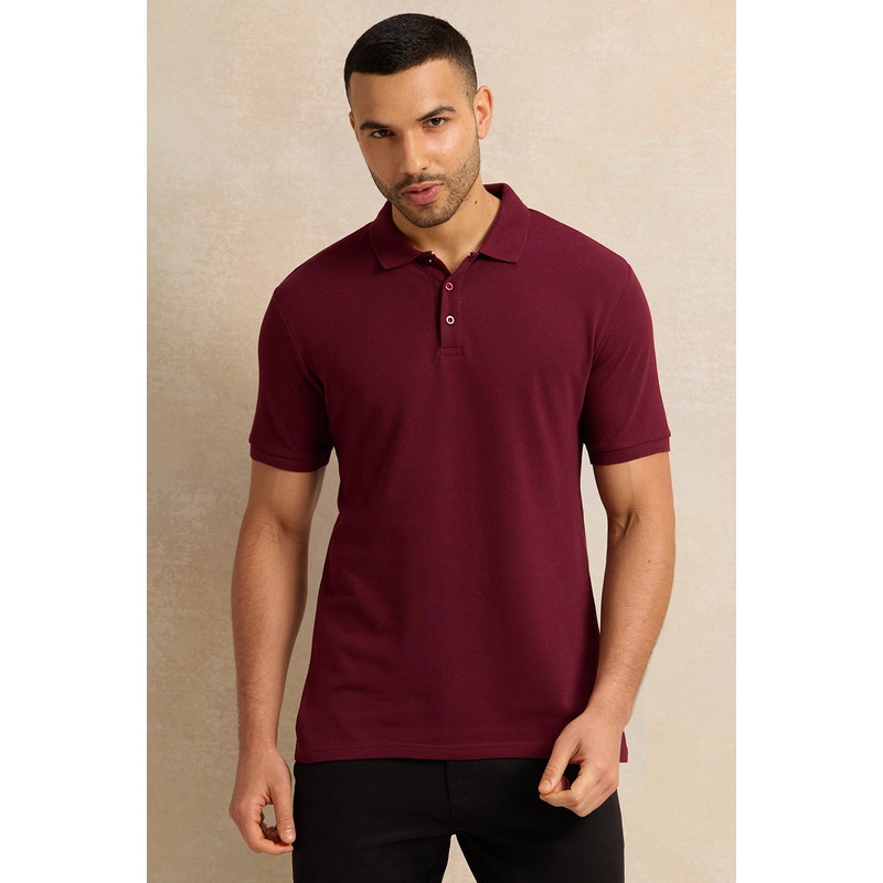Men Burgundy Solid Pique Polo Shirt