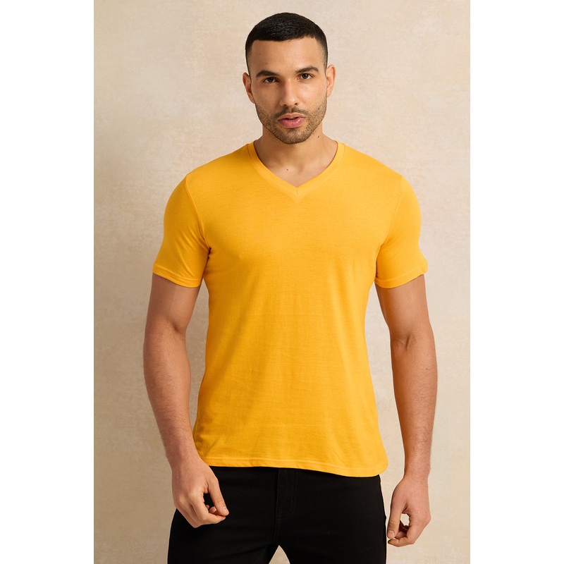 Men Mustard Basic V-Neck T-Shirt
