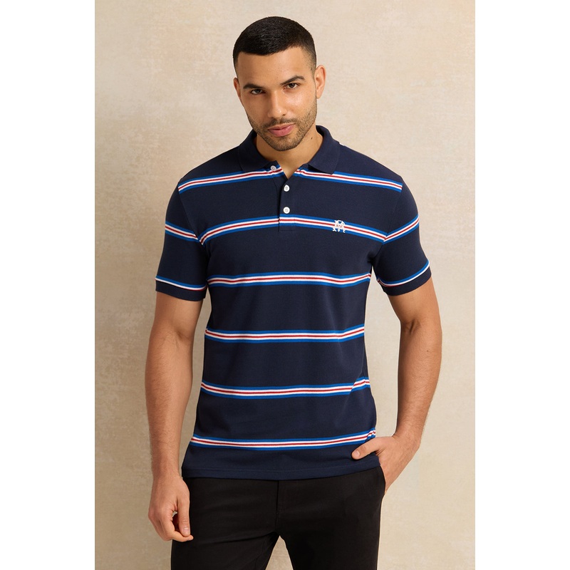 Men Navy Striped Pique Polo Shirt