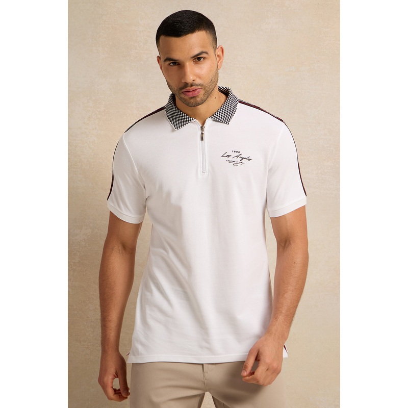 Men White Embellished Polo Shirt