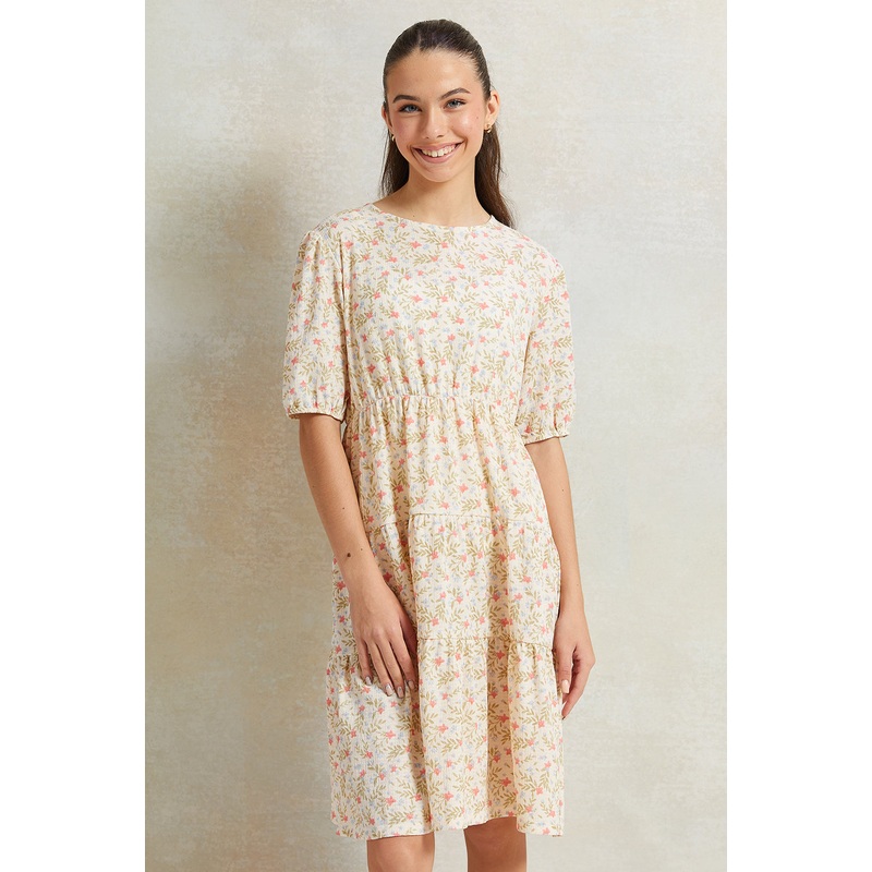 Senior Girls Cream Floral Printed Dress