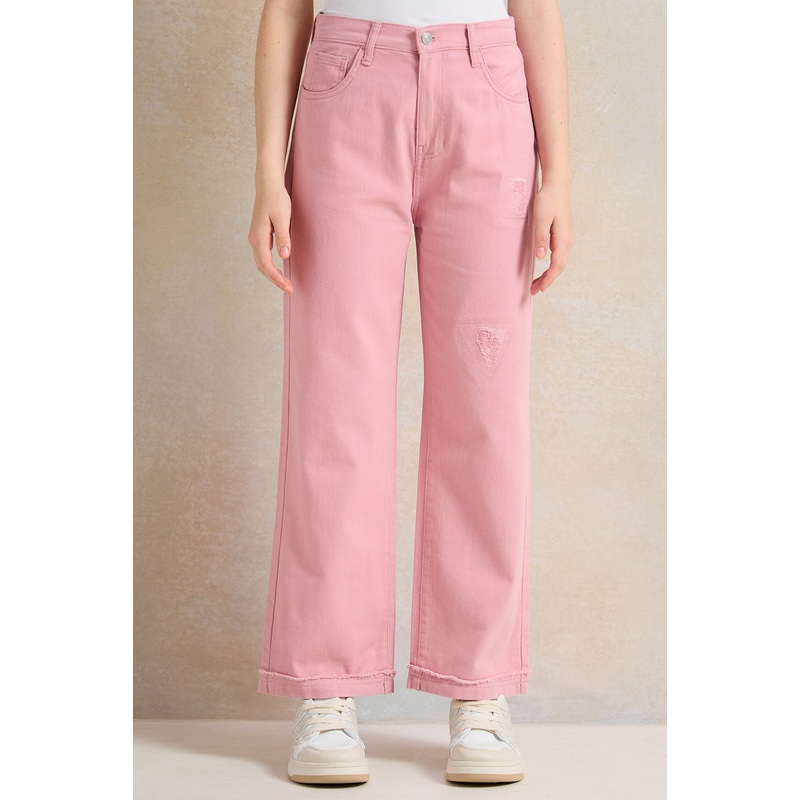 Senior Girls Pink Wide Leg Jeans