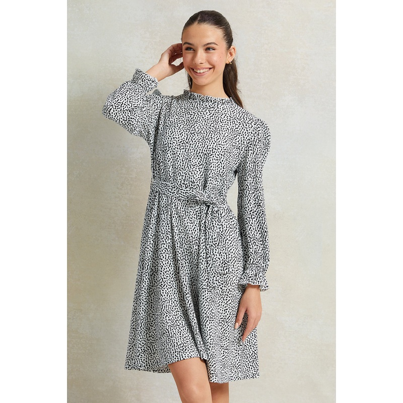 Senior Girls White And Black Printed Dress