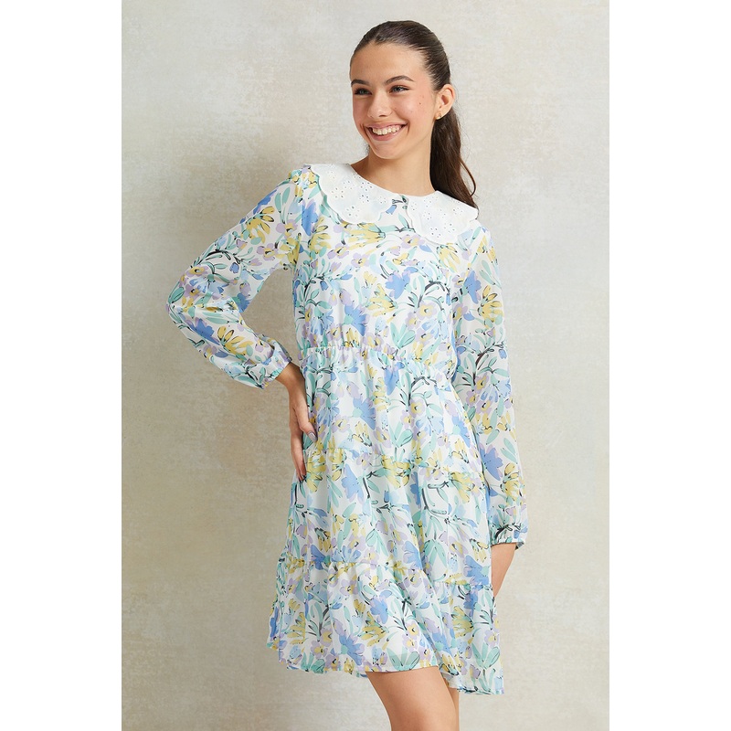 Senior Girls White Floral Printed Dress