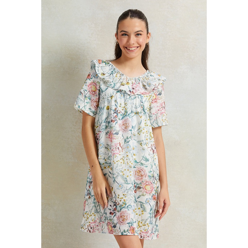 Senior Girls White Floral Ruffled  Printed Dress