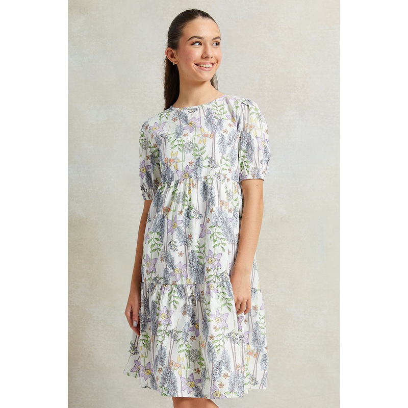 Senior Girls White With Floral Print Dress