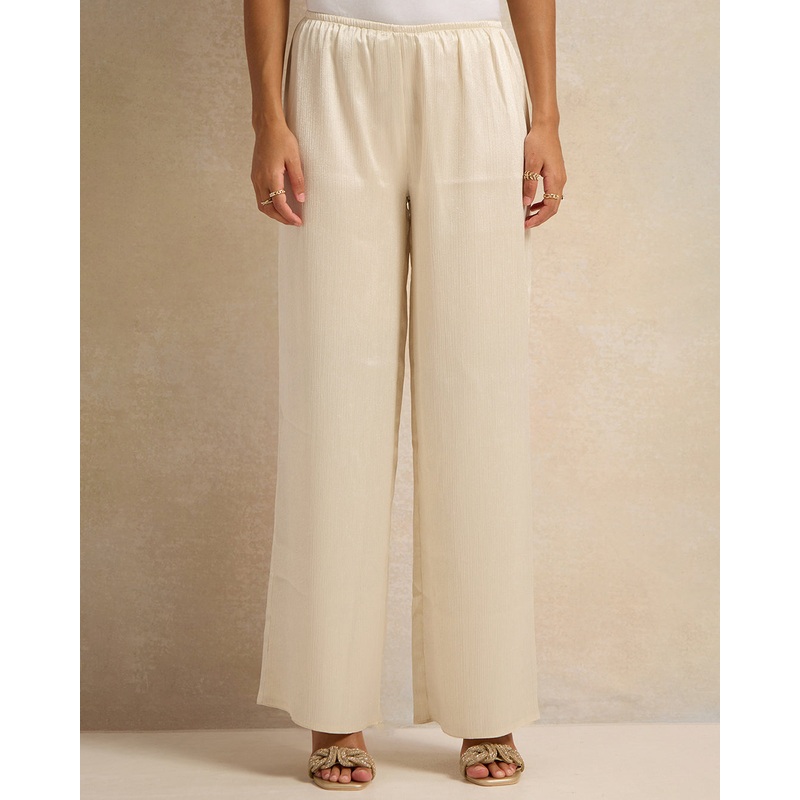 Women Beige Crinkled Trousers|Small|Medium|Large