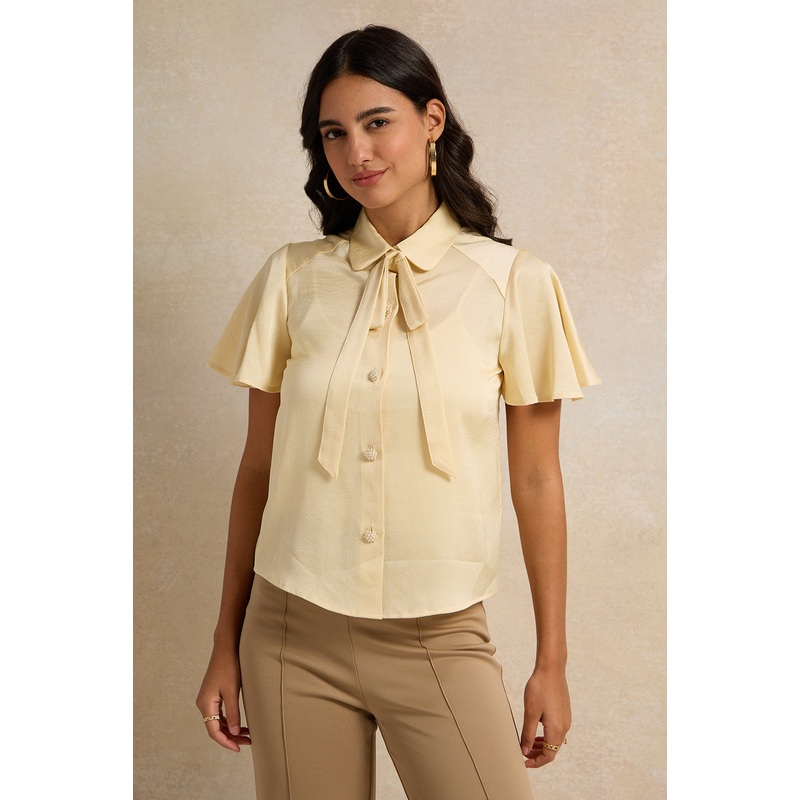 Women Beige Embellished Tie Up Blouse