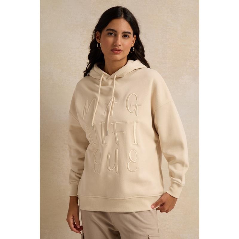 Women Beige Oversized Hooded Sweatshirt