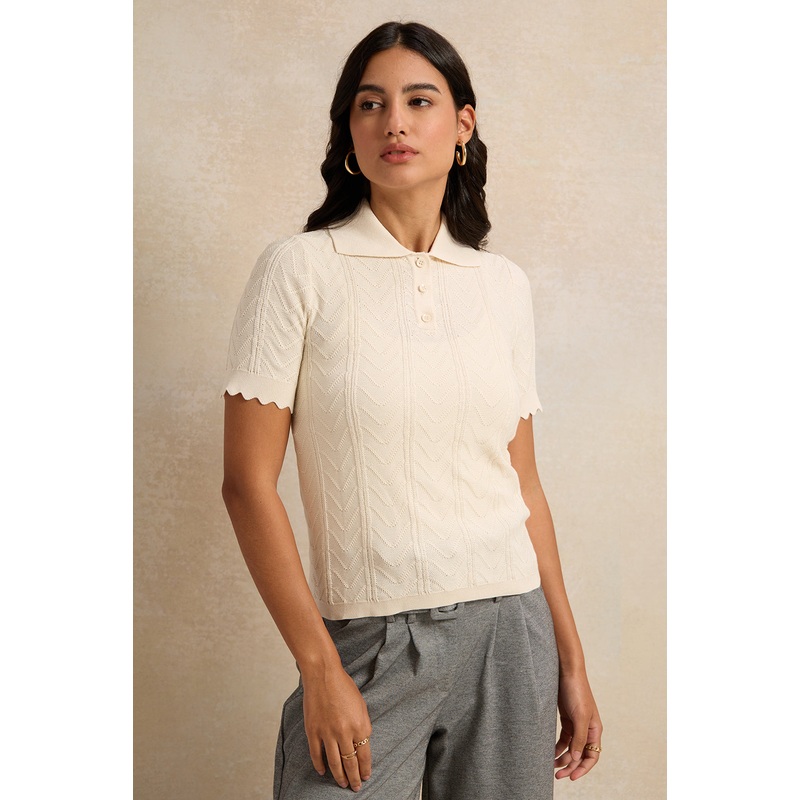 Women Beige Textured Polo Top|UK8|UK10|UK12|UK14|UK16|UK18