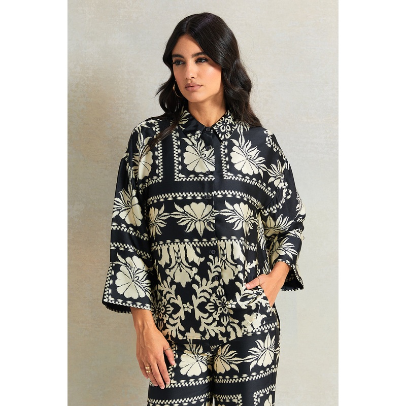 Women Black And  White Satin Printed Blouse
