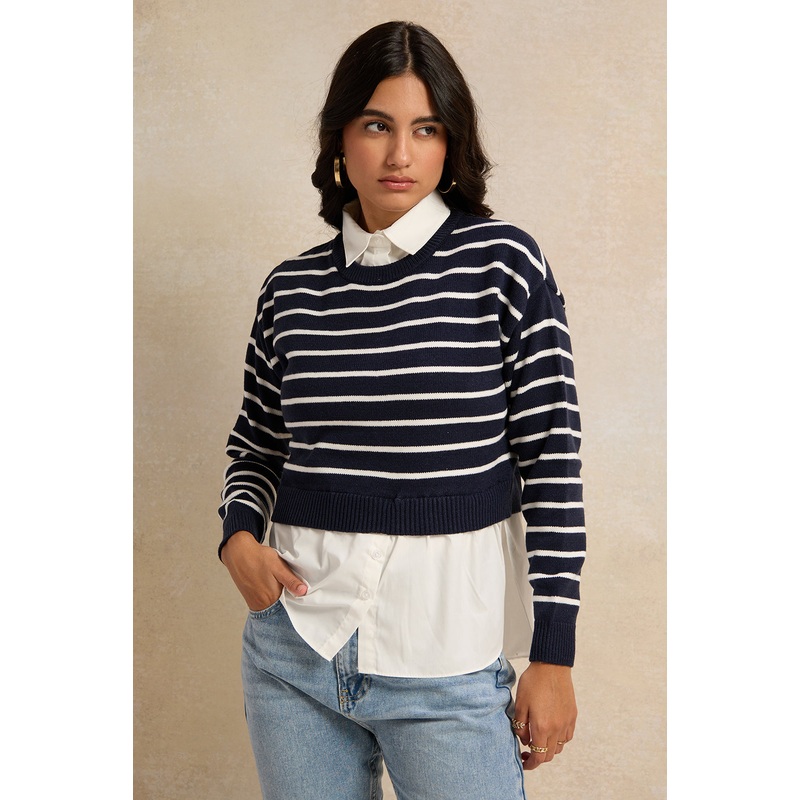 Women Black And White Striped With Solid Woven Twofer