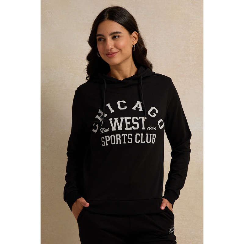 Women Black Placement Print Hooded Sweatshirt
