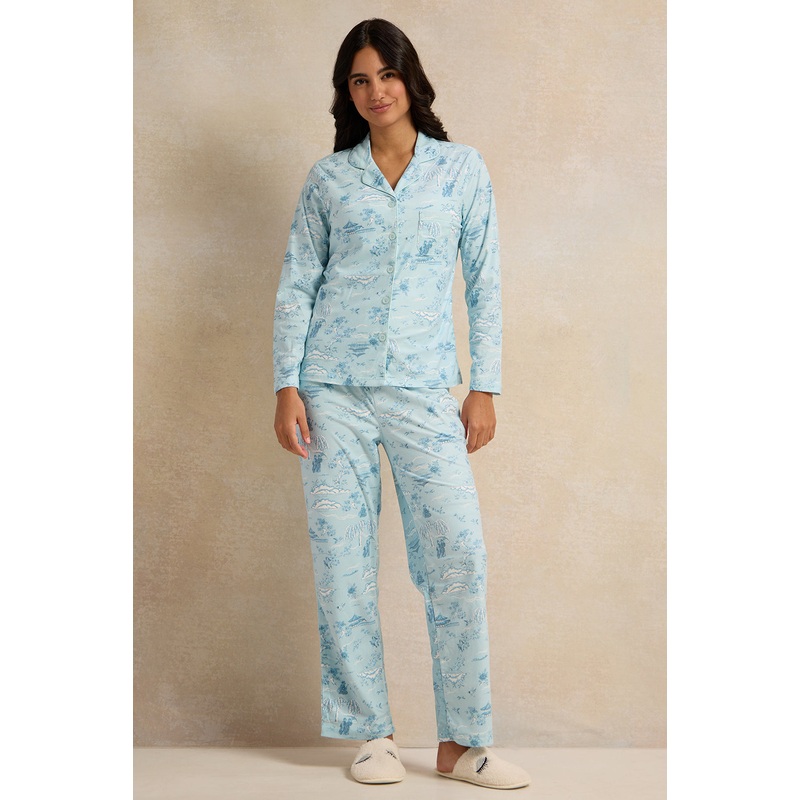 Women Blue Flannel Table Pyjama Set (2 Piece)