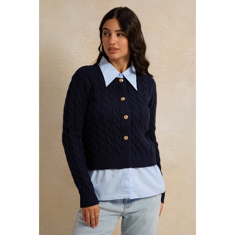Women Navy And Blue Collared Mock Neck Sweater