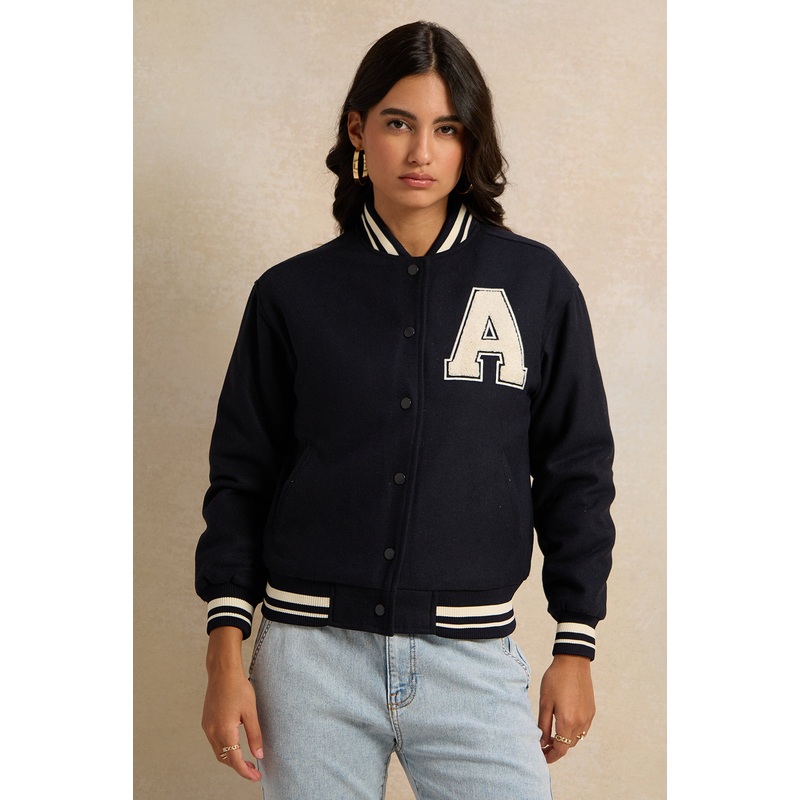 Women Navy Front Pocket Detail Jacket