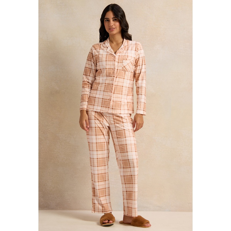 Women Orange Checkered  Pajama Set (2 Piece)