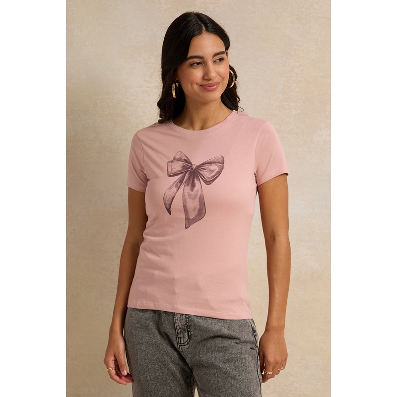 Women Pink Bow Printed T-Shirt