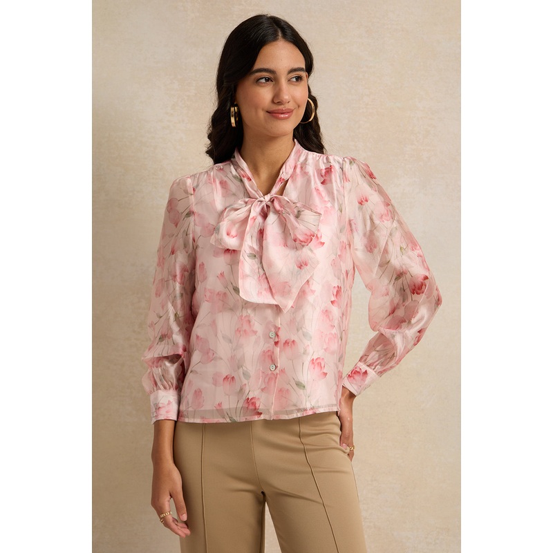 Women Pink Printed Tie Up Neck Blouse
