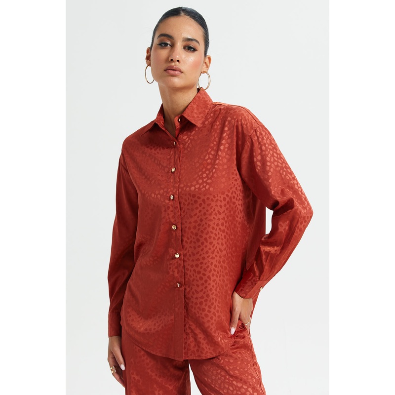 Women Red Jacquard Button Front Blouse