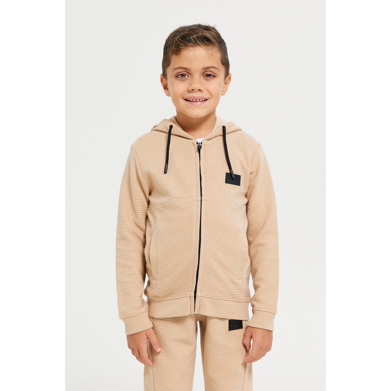 Boys Beige Hooded Zipper Sweatshirt