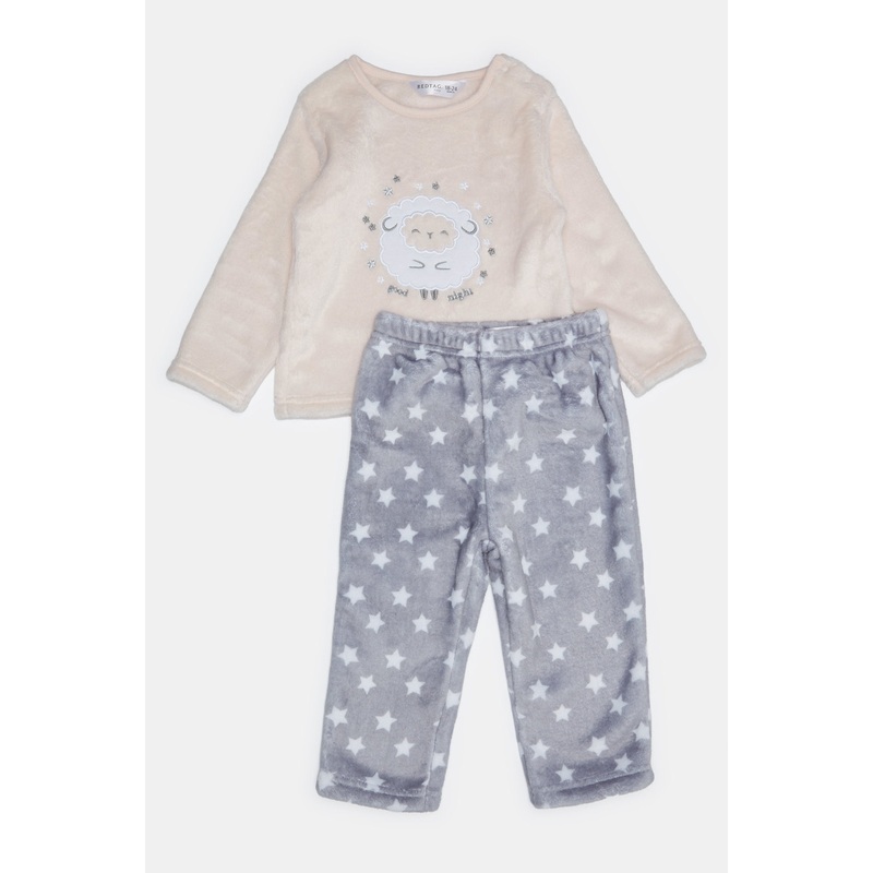 Infant Girls Beige And Grey Printed Pyjama Set (2 Piece)
