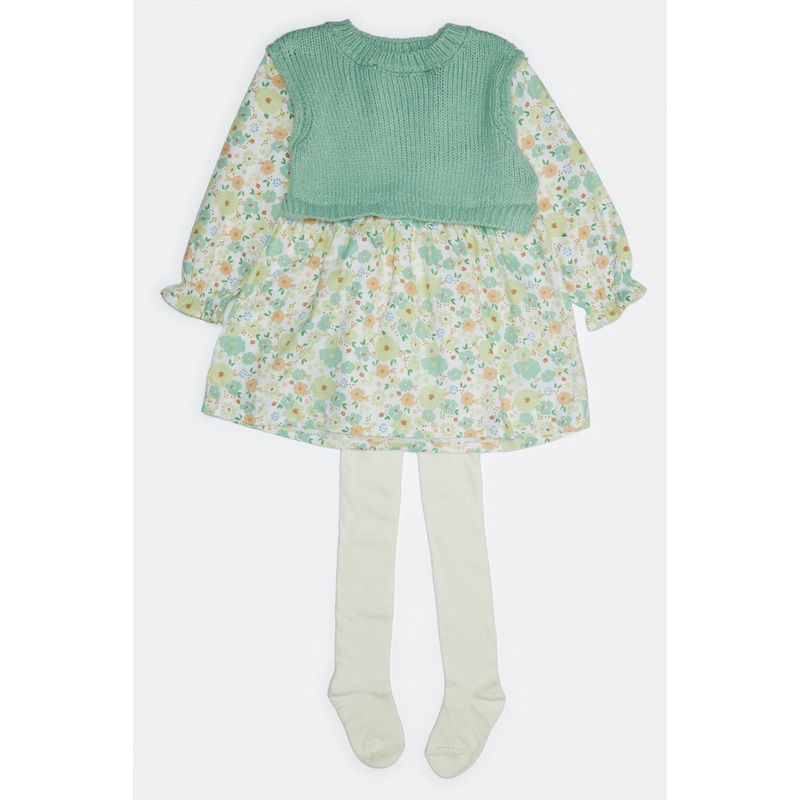 Infant Girls Blue Sweater Twofer Dress With Tights (2 Piece)