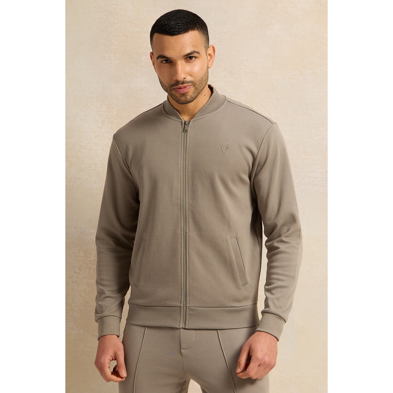 Men Beige Knitted Zip Thru Bomber Jacket