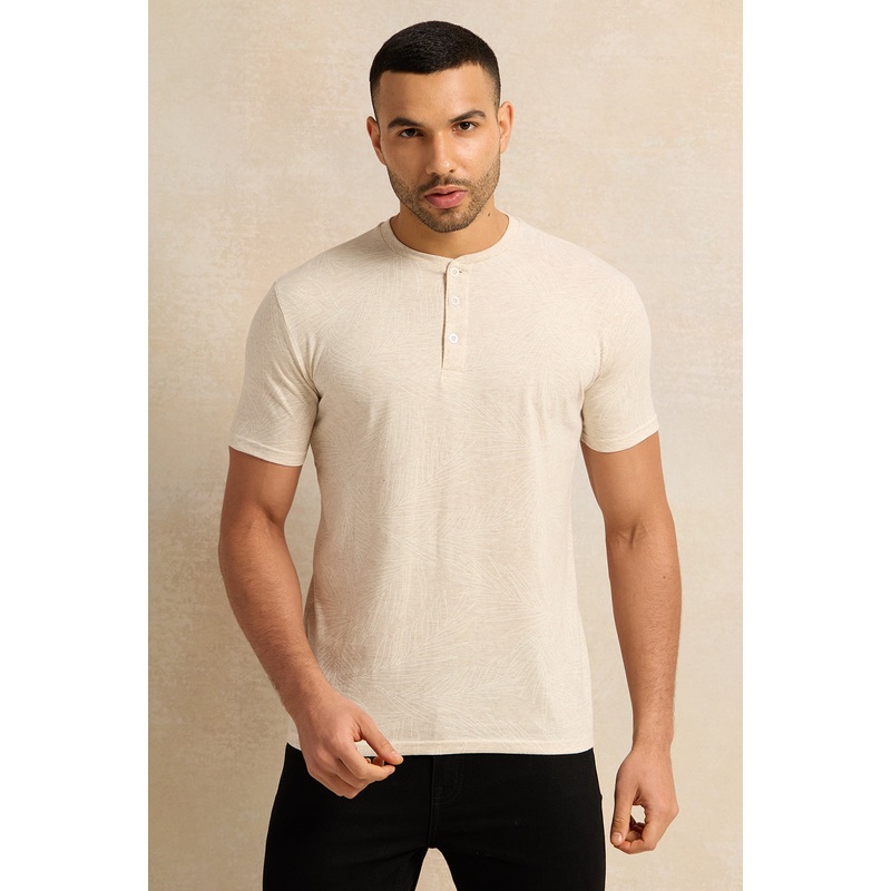Men Beige Printed Henley T-Shirt