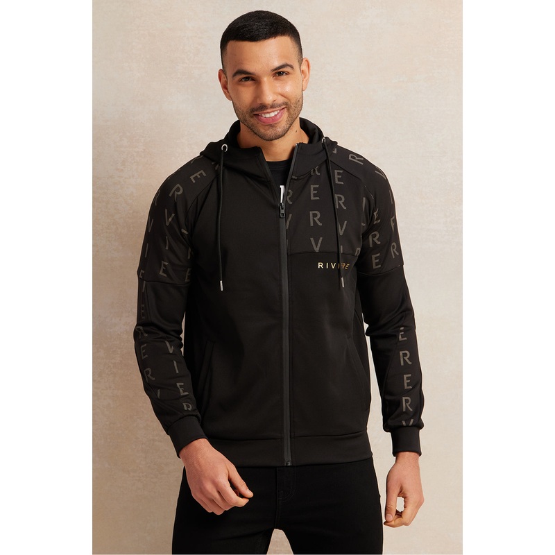 Men Black And Olive Hooded Zip Through Sweatshirt