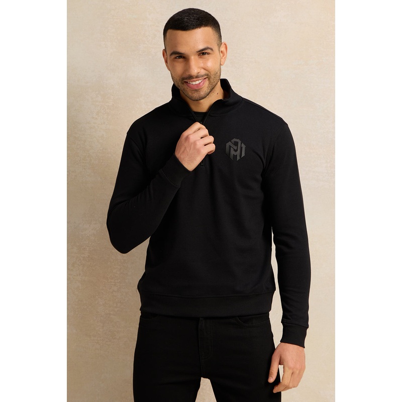 Men Black Half Zipper Pullover Sweatshirt