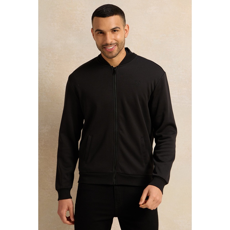 Men Black Knitted Zip Thru Bomber Jacket