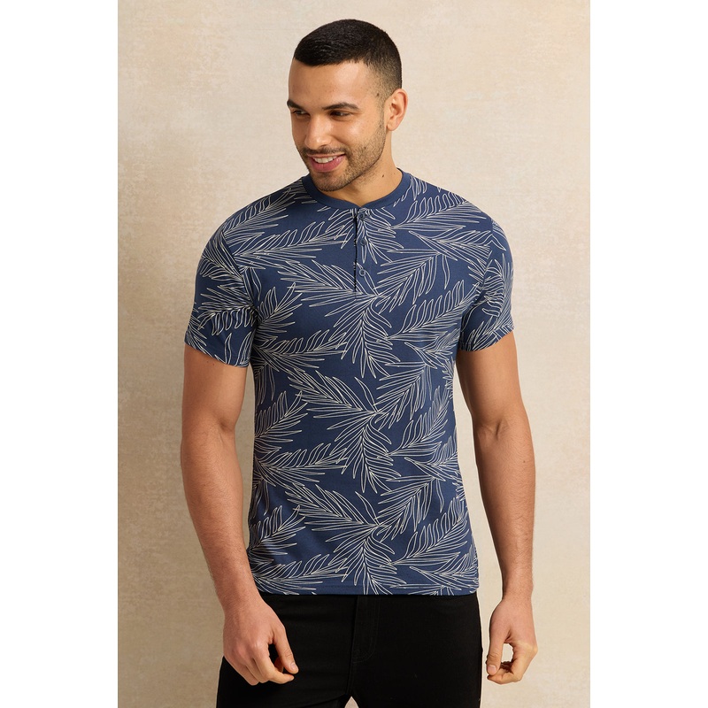 Men Navy Printed Henley T-Shirt