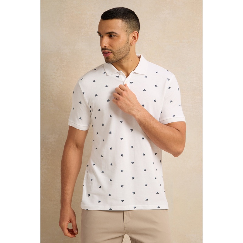 Men White All Over Print Polo Shirt