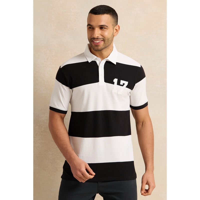 Men White And Black Striped Pique Polo Shirt