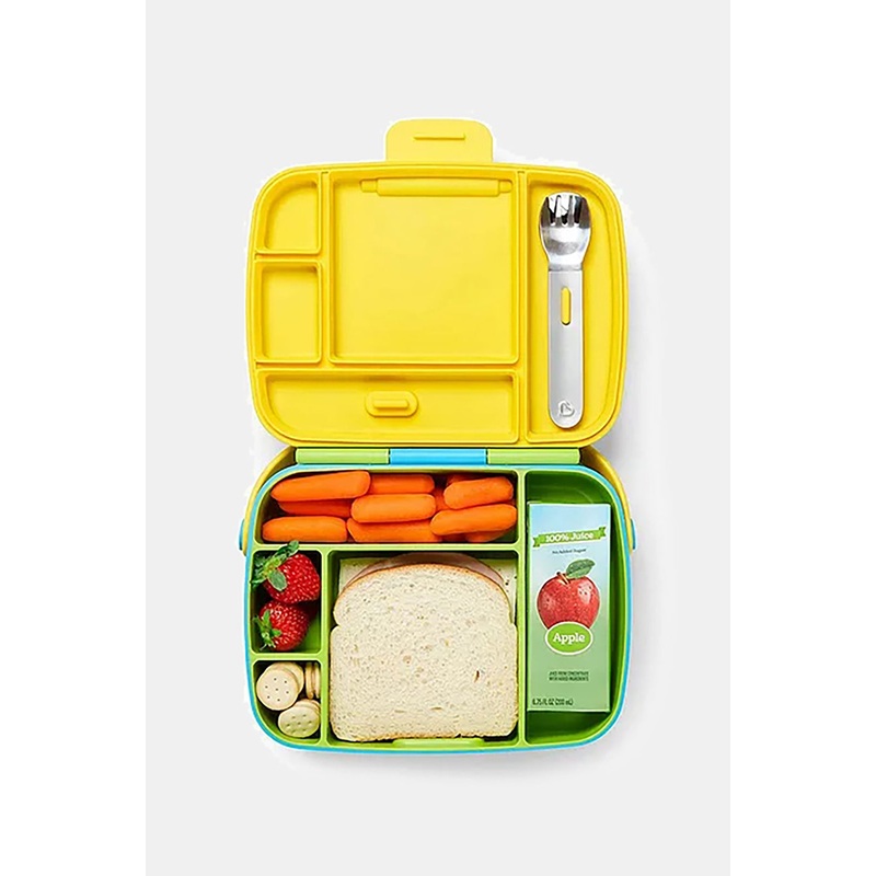Munchkin Green And Yellow Lunch Bento Box With Stainless Steel Utensils