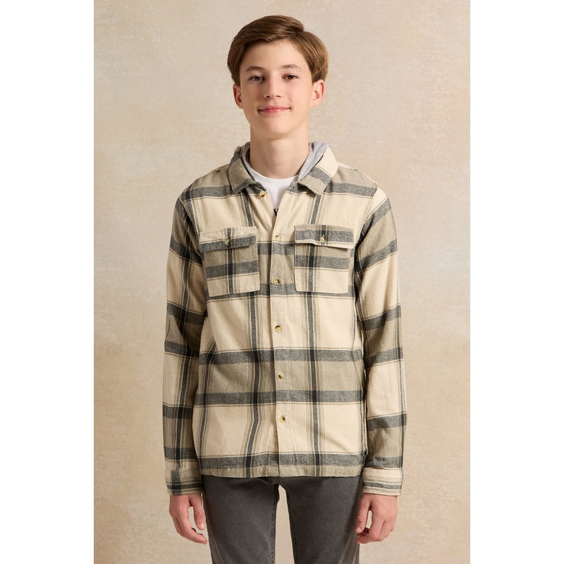 Senior Boys Beige Hooded Checks Shirt With Tee (2 Piece)
