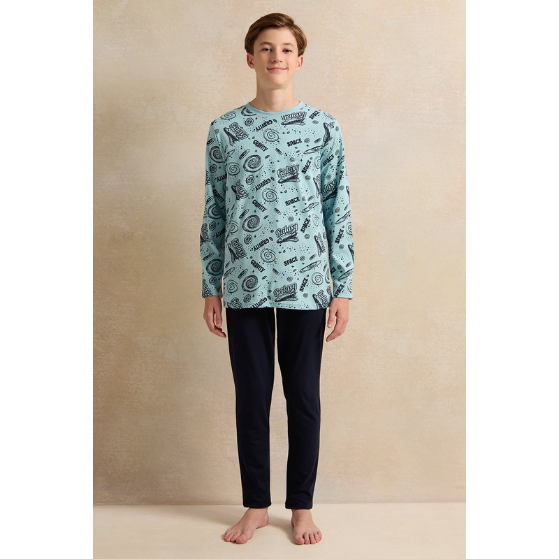 Senior Boys Blue And Black Printed Pyjama set (2 Piece)